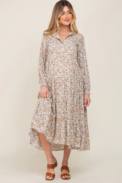 PinkBlush Beige Floral Button Front Long Sleeve Tiered Maternity Midi Dress