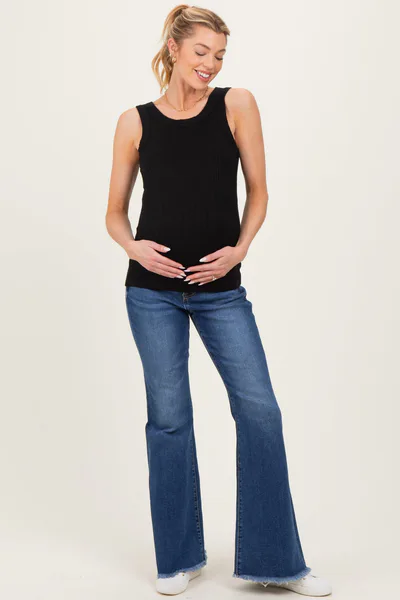 PinkBlush Navy Distressed Fringe Hem Maternity Flare Leg Jeans