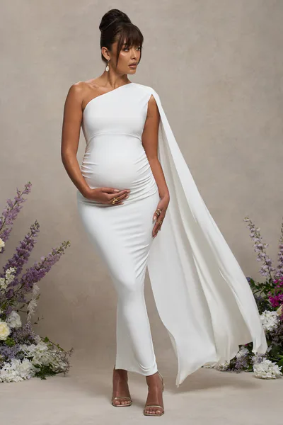 Club L London Amaryllis | White Maternity One Shoulder Maxi Dress with Cape Sleeve