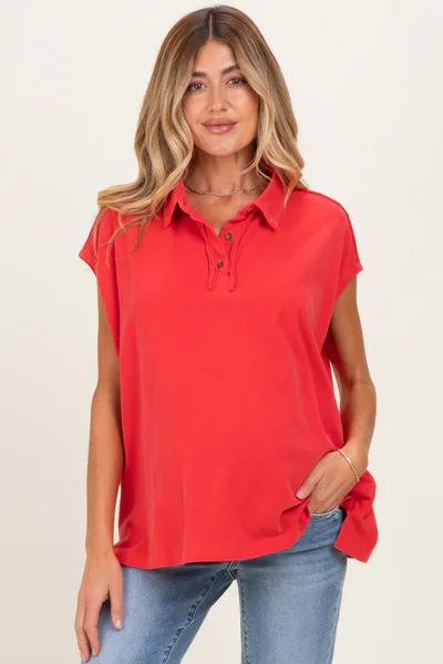 PinkBlush Red Pigment Dye Sleeveless Polo Oversized Maternity Top