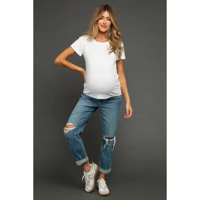 Target Pinkblush Blue Distressed Knee Rolled Hem Maternity Straight Leg Jeans 31