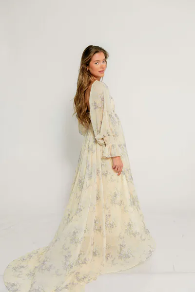 Worth Collective Delilah Maxi Dress with Train in Muted Peach Floral - Bump Friendly