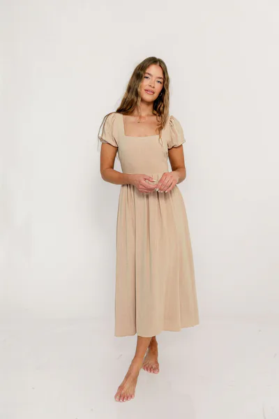 Worth Collective August Open Back Midi Dress in Taupe - Bump Friendly