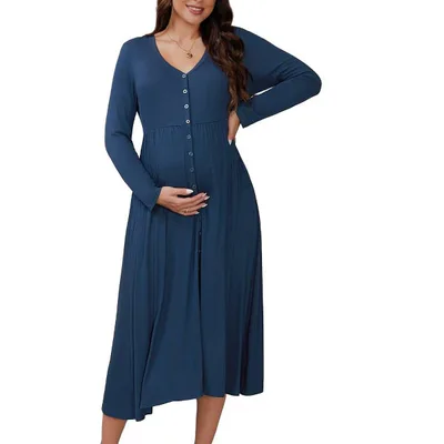 Target INSPIRE CHIC Women's Maternity Dresses Button Pleated Long Sleeve Photoshoot Pregnancy Midi Dress Medium Blue