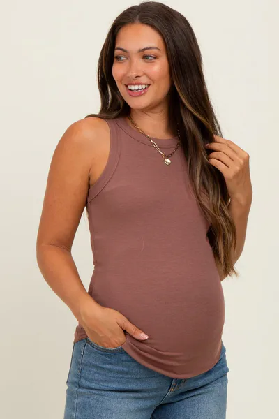 PinkBlush Burgundy Ribbed Basic Crew Neck Maternity Tank
