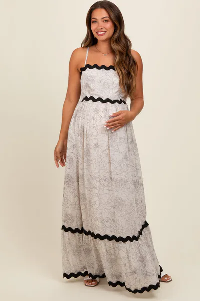 PinkBlush Ivory Floral Contrast Trim Maternity Maxi Dress