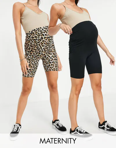 ASOS Mamalicious Maternity cotton 2-pack shorts in black and leopard print - MULTI