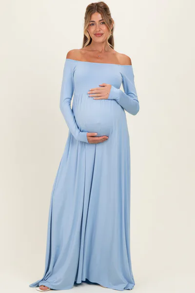 PinkBlush PinkBlush Light Blue Off Shoulder Maternity Maxi Dress