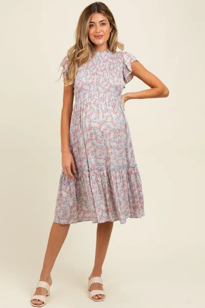 PinkBlush Light Blue Floral Mock Neck Smocked Ruffe Sleeve Maternity Midi Dress