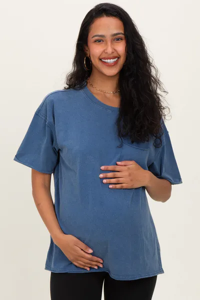 PinkBlush Light Navy Vintage Wash Raw Edge Pocket Maternity T-Shirt