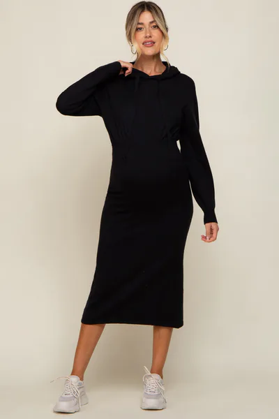 PinkBlush Black Knit Hooded Long Sleeve Maternity Dress
