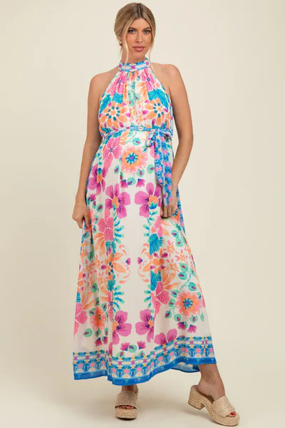 PinkBlush Pink Floral Border Print Halter Maternity Maxi Dress