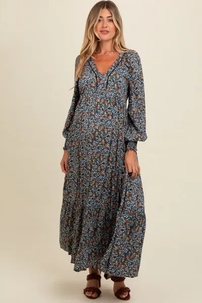 PinkBlush Navy Floral V-Neck Bubble Sleeve Maternity Maxi Dress