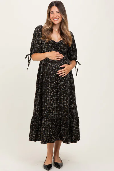 PinkBlush Black Floral Tie Sleeve Maternity Midi Dress