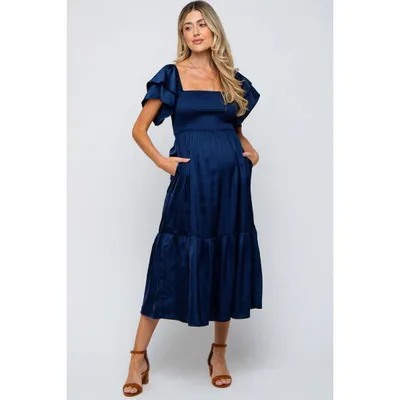 Target PinkBlush Navy Satin Flutter Sleeve Maternity Midi Dress Navy Large