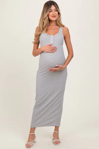 PinkBlush Ivory Striped Button Front Sleeveless Maternity Maxi Dress
