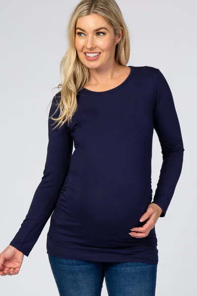 PinkBlush Navy Blue Long Sleeve Ruched Fitted Maternity Top