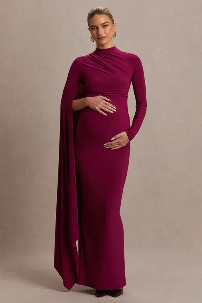 Club L London Lavinia | Berry High-Neck Maternity Maxi Dress With Cape-Sleeve