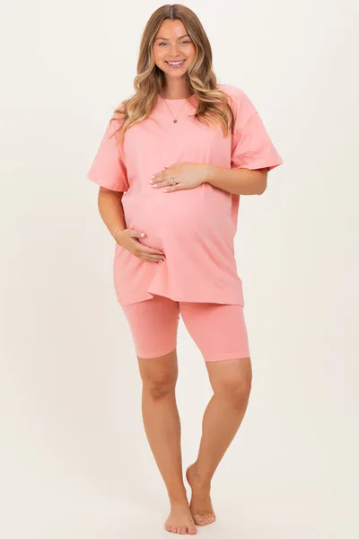 PinkBlush Coral Peach Biker Shorts Maternity Set