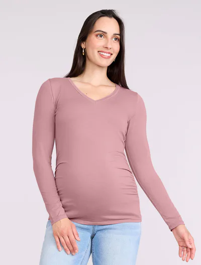 Motherhood Maternity Side Ruched Long Sleeve V-Neck Maternity Tee