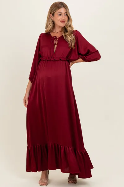 PinkBlush Burgundy Solid Satin Long Sleeve Open V-Neck Ruffle Waist Tiered Maternity Maxi Dress