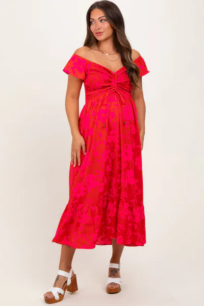 PinkBlush Red Multi Smocked Top Maternity Maxi Dress