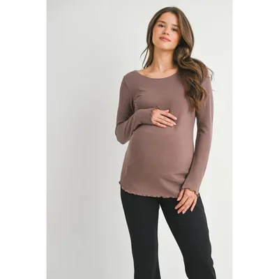 Target Hello Miz Women's Scoop Neck Long Sleeve Ribbed Maternity Top - Brown - Medium