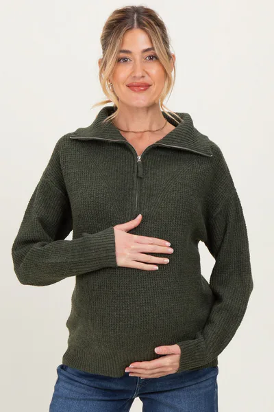 PinkBlush Olive Half Zip Maternity Pullover Sweater