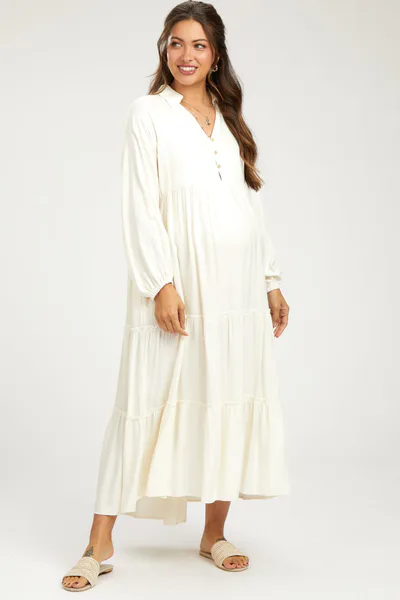 PinkBlush Ivory Button Front V-Neck Ruffle Tiered Maternity Midi Dress
