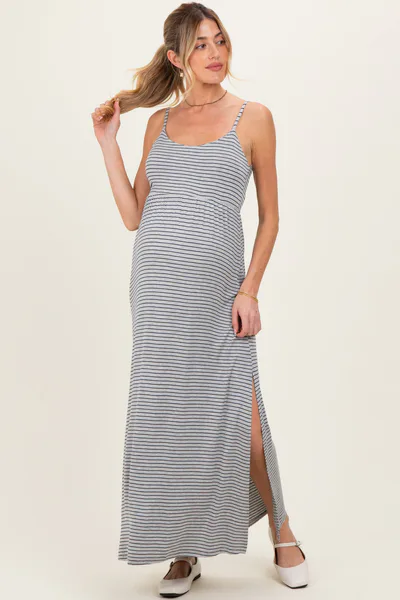 PinkBlush Heather Grey Striped Sleeveless Maternity Maxi Dress