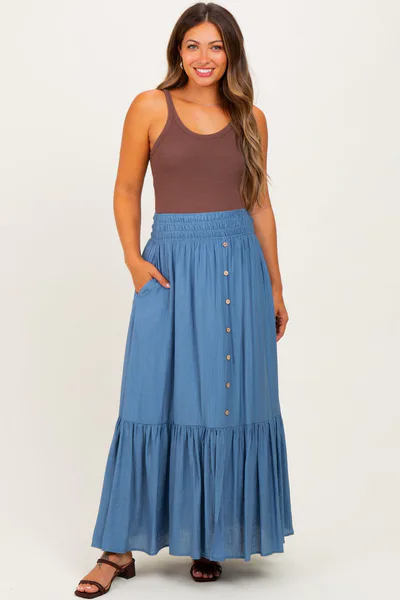 PinkBlush Blue Smocked Waist Button Accent Maternity Maxi Skirt