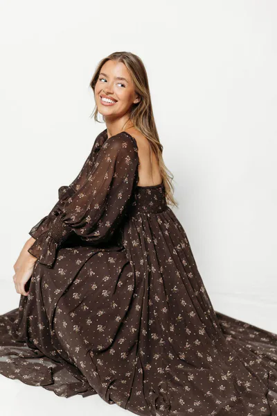 Worth Collective Delilah Maxi Dress with Train in Deep Coffee Brown - Bump Friendly *9/3 PRE-ORDER*