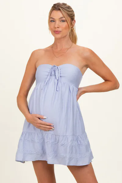 PinkBlush Light Blue Strapless Lace Accent Babydoll Maternity Mini Dress