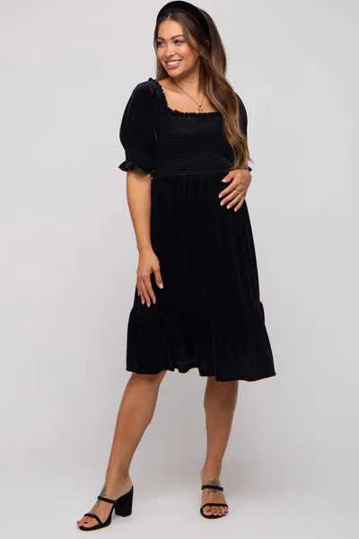 PinkBlush Black Velvet Smocked Puff Sleeve Maternity Dress