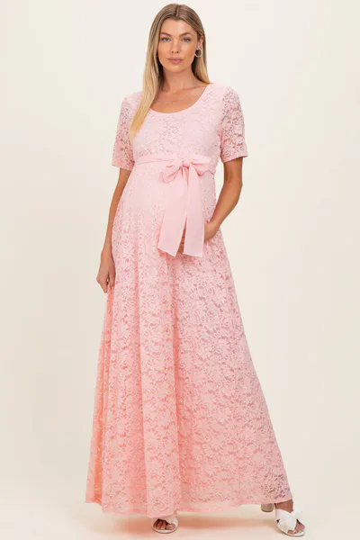 PinkBlush Light Pink Lace Sash Tie Maternity Gown