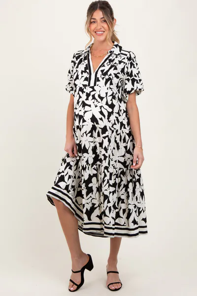 PinkBlush Black Botanical Print A Line Tiered Maternity Dress