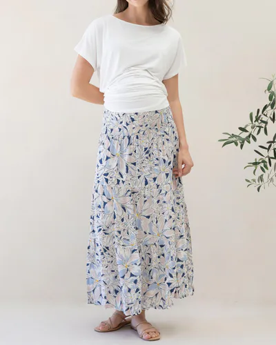 Angel Maternity Ellie Maternity  Shirred Maxi Dress/Skirt in White/ Navy Floral Print