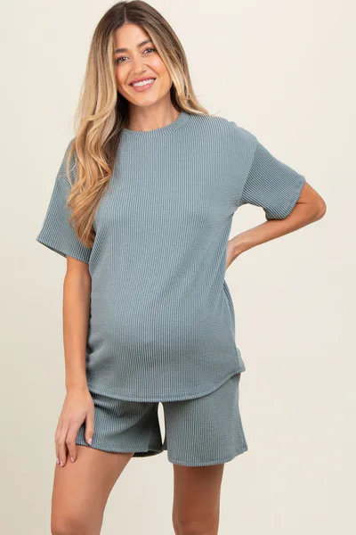 PinkBlush Teal Ribbed Short Sleeve Maternity Pajama Set