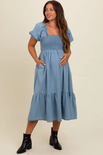 PinkBlush Light Blue Vintage Wash Chambray Smocked Maternity Midi Dress