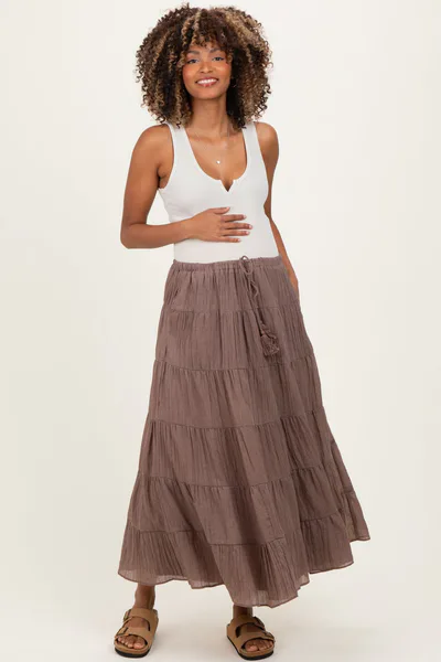PinkBlush Mocha Tiered Drawstring Maternity Maxi Skirt