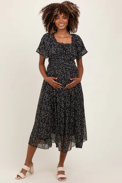 PinkBlush Black Floral Square Neck Front Tie Maternity Midi Dress