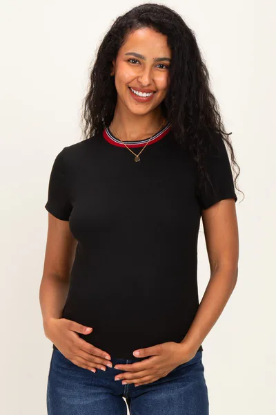 PinkBlush Black Ribbed Crewneck Maternity Tee With Contrast Trim