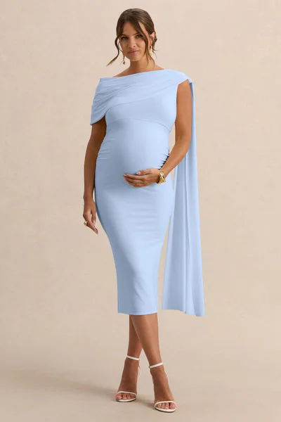 Club L London Braelyn | Powder Blue Asymmetric-Neck Maternity Midi Dress With Gathered Detailing And Sash
