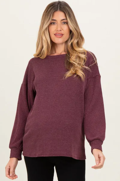 PinkBlush Burgundy Puff Sleeve Solid Ribbed Maternity Top