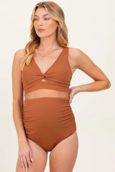 PinkBlush Rust Ribbed Twist Front Cutout Two Piece Maternity Swimsuit