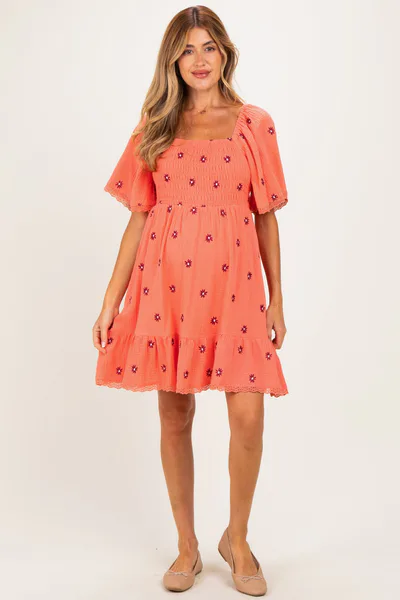 PinkBlush Light Orange Floral Embroidered Smocked Maternity Dress