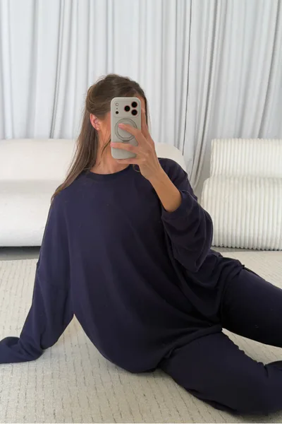 Worth Collective Naomi Oversized Fleece Long Sleeve Top in Solid Navy - Bump Friendly