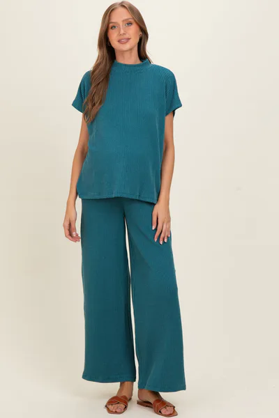 PinkBlush Teal Textured Rib Mock Neck Short Sleeve Pant Maternity Set