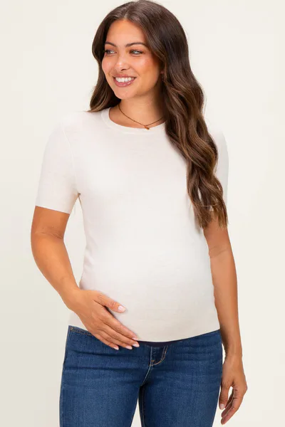 PinkBlush Oatmeal Basic Short Sleeve Maternity Sweater Top