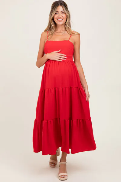 PinkBlush Red Tiered Cutout Tie Back Maternity Midi Dress
